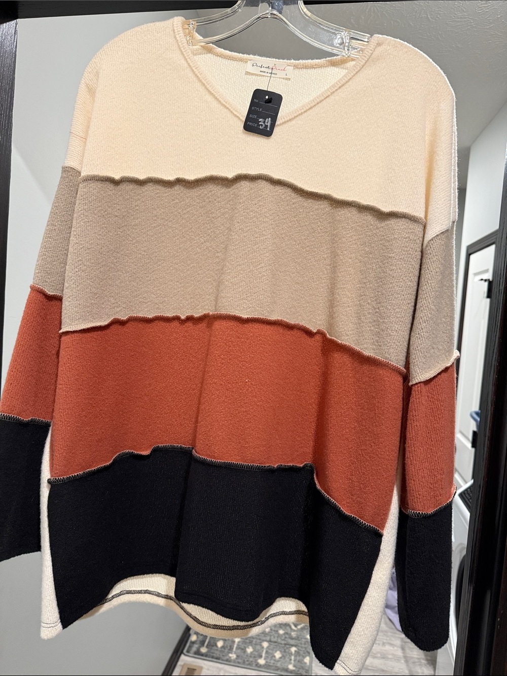 Colorblock Cream, Taupe, Rust & Black Women’s Sweater